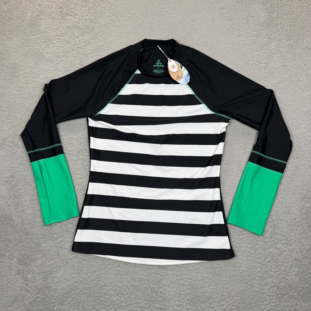 Prana Womens Long Sleeve Rash Guard Black White Striped Green Cuffs Small NWT